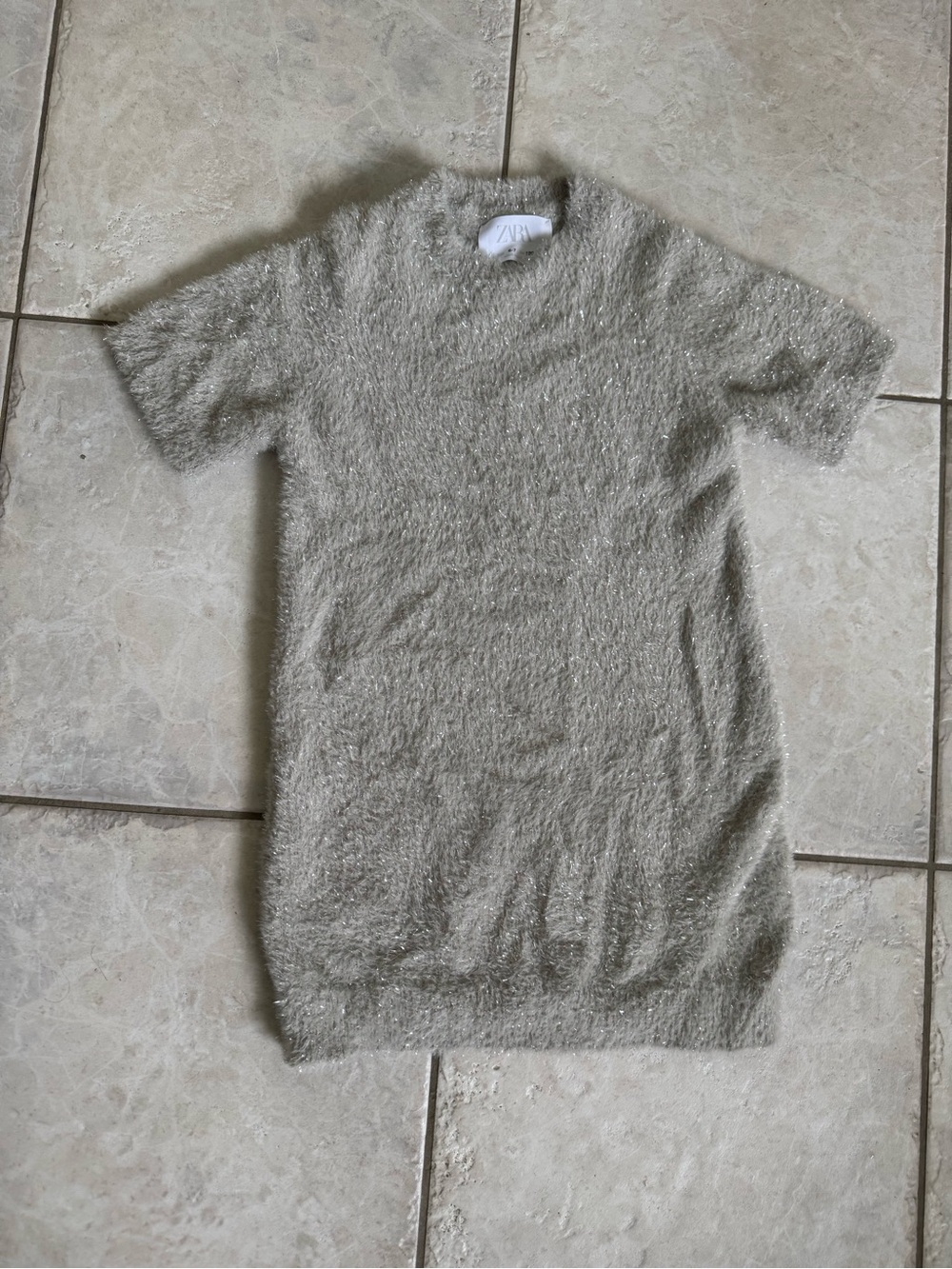 Zara girls Fuzzy shimmery Sleeve Knit dress stretchy Light Gray